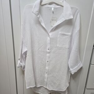 Tahiti Swimwear Gauze Button Front Beach Cover Up Shirt Womens Large White NWT